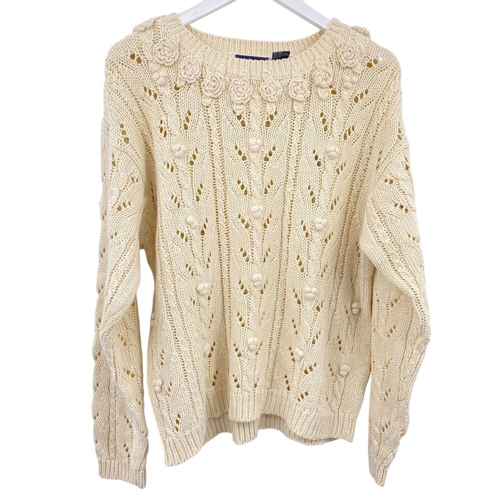 VTG Honors knit coquette sweater size medium cream floral‎ cable knit feminine